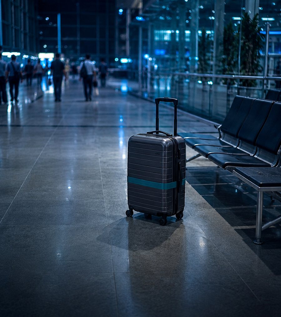 Vali bị bỏ lại cạnh dãy ghế chờ nhà ga ban đêm