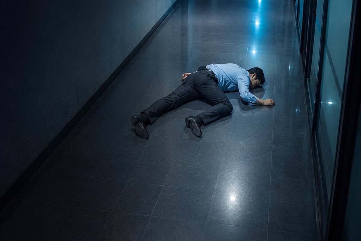 Người nằm bất động trên sàn hành lang ban đêm
